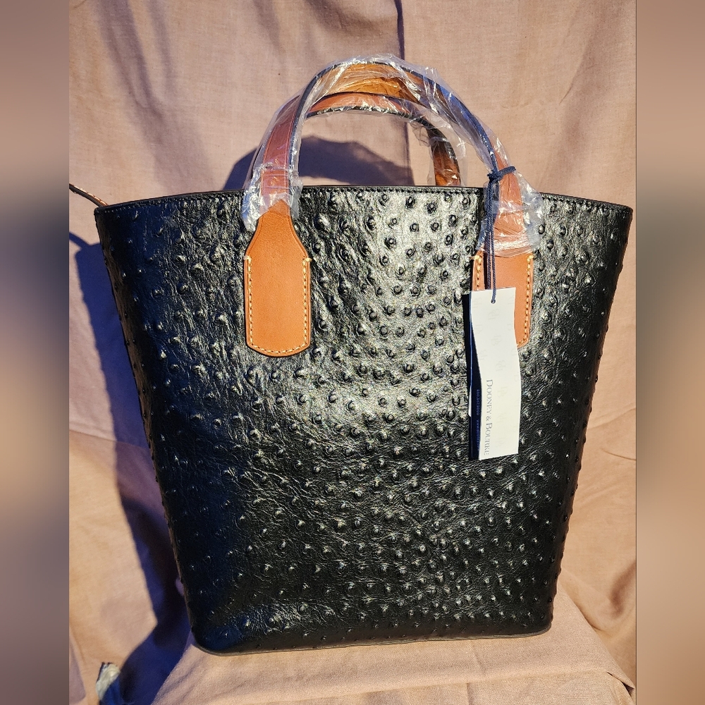 Dooney & Bourke Black and Tan Ostrich-Embossed Tote - Picture 4 of 9